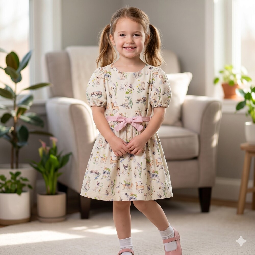 Mini Boden Girls Dog Novelty Print Party Dress 7-8 Linen Cotton Puff Sleeve